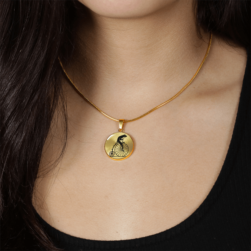 Vintage Frog on Penny Farthing Necklace - Custom Engraved Circle Pendant in Silver or Gold ShineOn Fulfillment