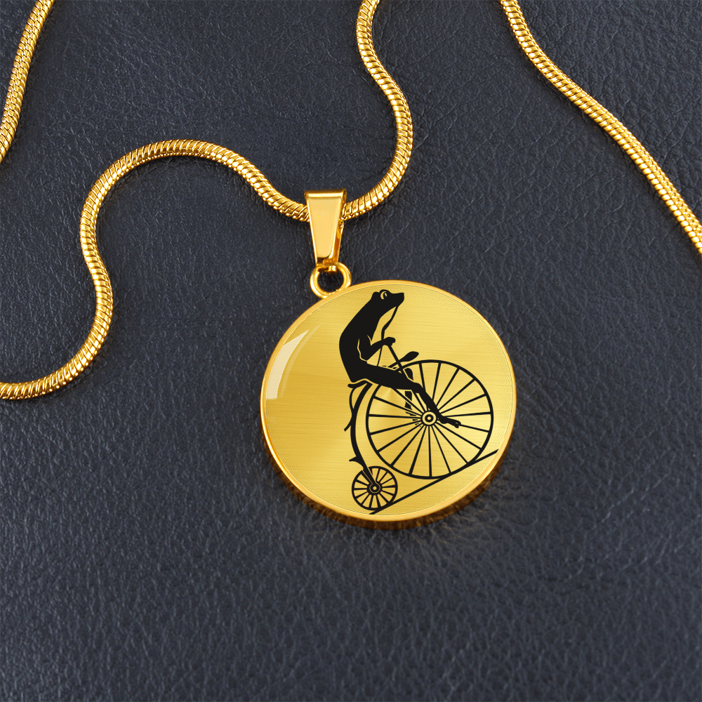 Vintage Frog on Penny Farthing Necklace - Custom Engraved Circle Pendant in Silver or Gold ShineOn Fulfillment