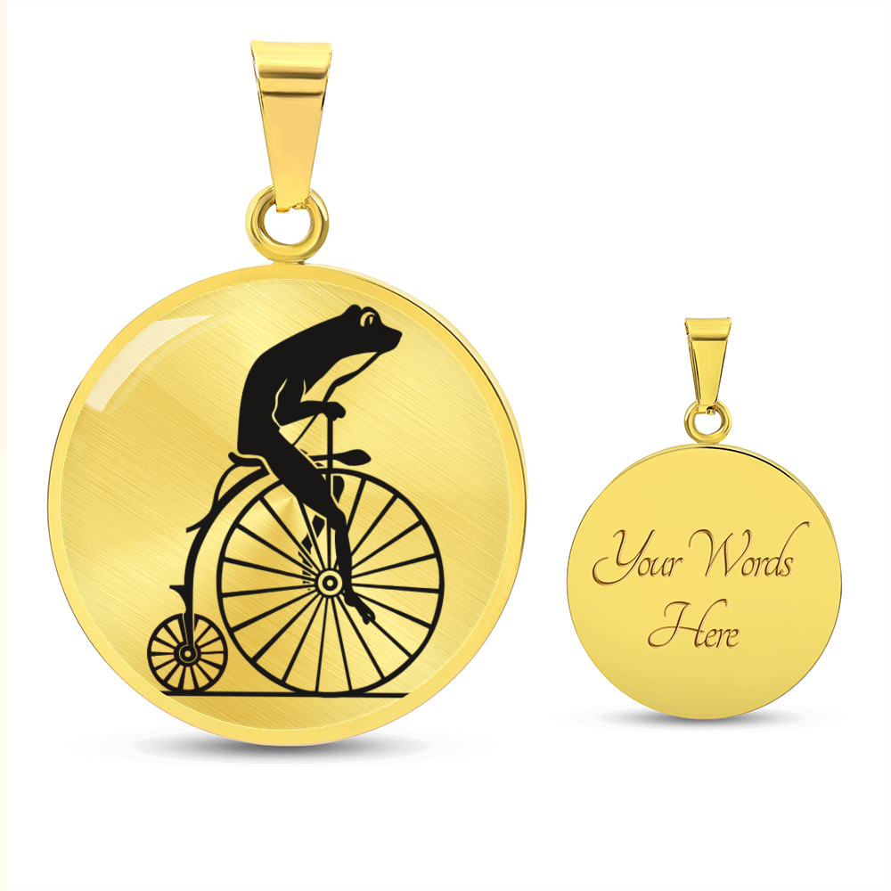 Vintage Frog on Penny Farthing Necklace - Custom Engraved Circle Pendant in Silver or Gold ShineOn Fulfillment