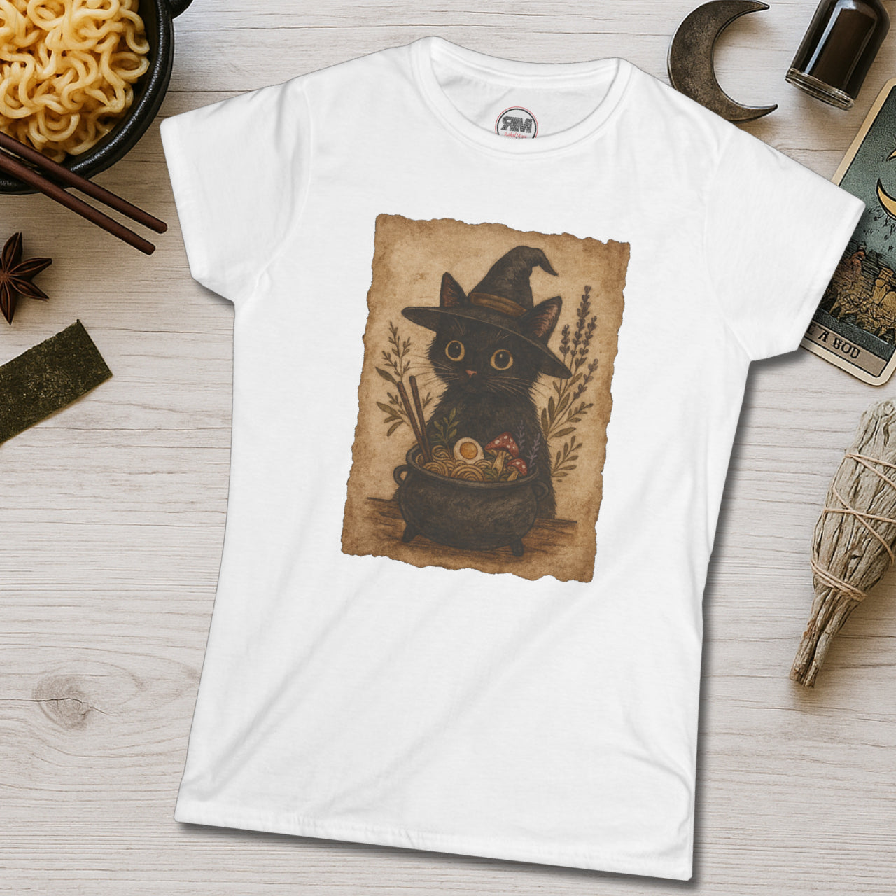 Witchy Ramen Noodle Black Cat Tee Printify