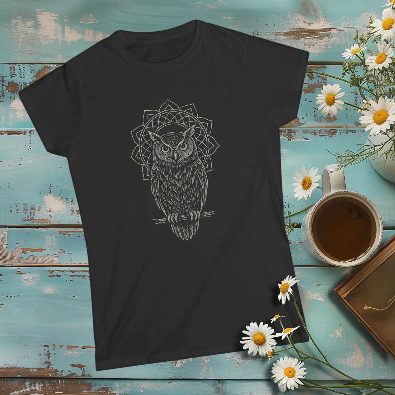 Boho Mandala Owl Tee – Mystic Line Art T-Shirt, Witchy Bohemian Top, Spiritual Owl Graphic Shirt Printify
