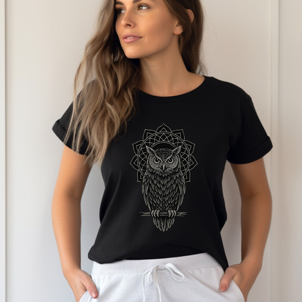 Boho Mandala Owl Tee – Mystic Line Art T-Shirt, Witchy Bohemian Top, Spiritual Owl Graphic Shirt Printify