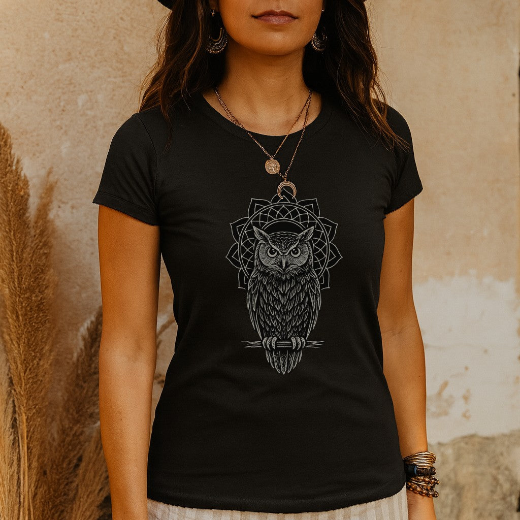 Boho Mandala Owl Tee – Mystic Line Art T-Shirt, Witchy Bohemian Top, Spiritual Owl Graphic Shirt Printify