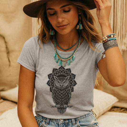 Boho Mandala Owl Tee – Mystic Line Art T-Shirt, Witchy Bohemian Top, Spiritual Owl Graphic Shirt Printify