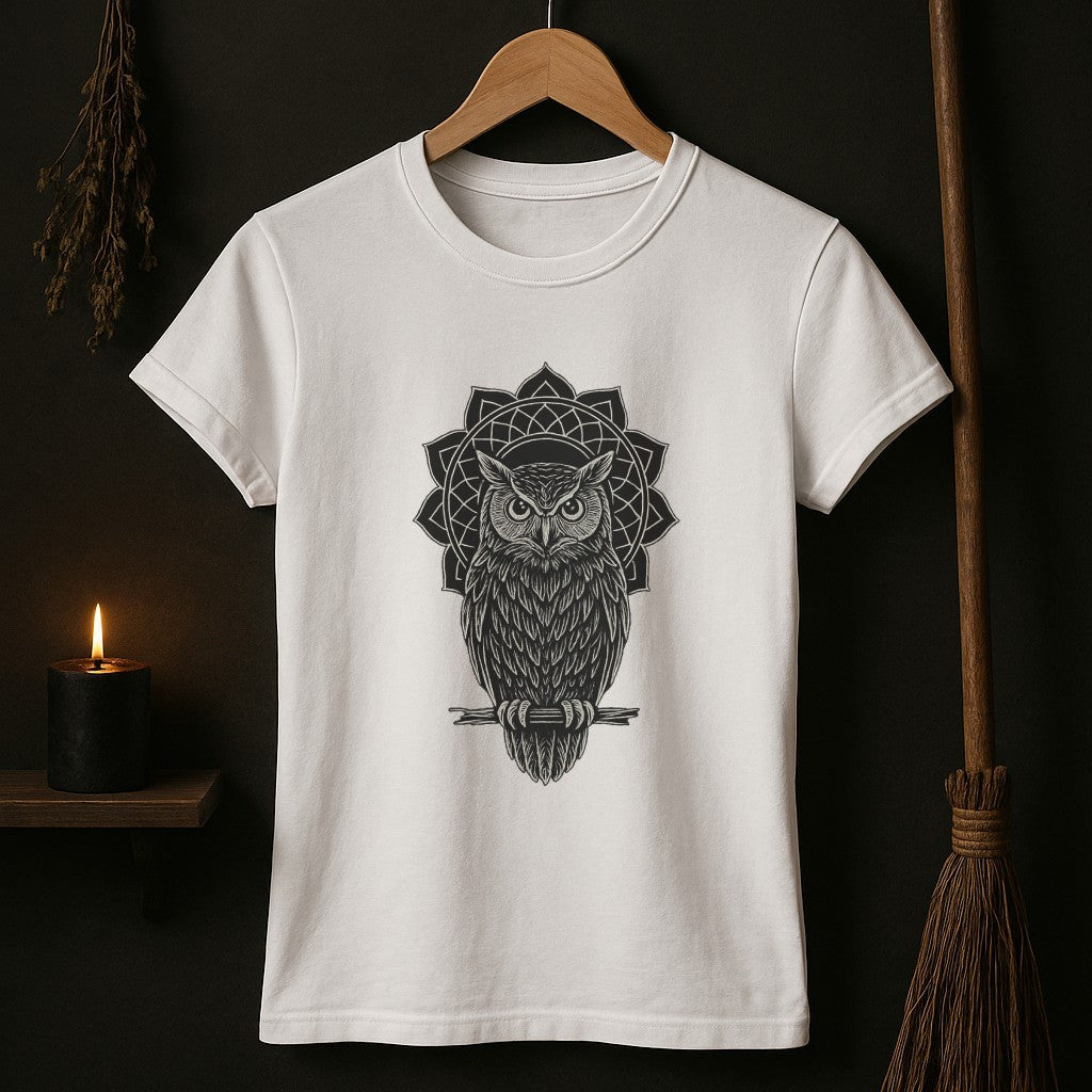 Boho Mandala Owl Tee – Mystic Line Art T-Shirt, Witchy Bohemian Top, Spiritual Owl Graphic Shirt Printify