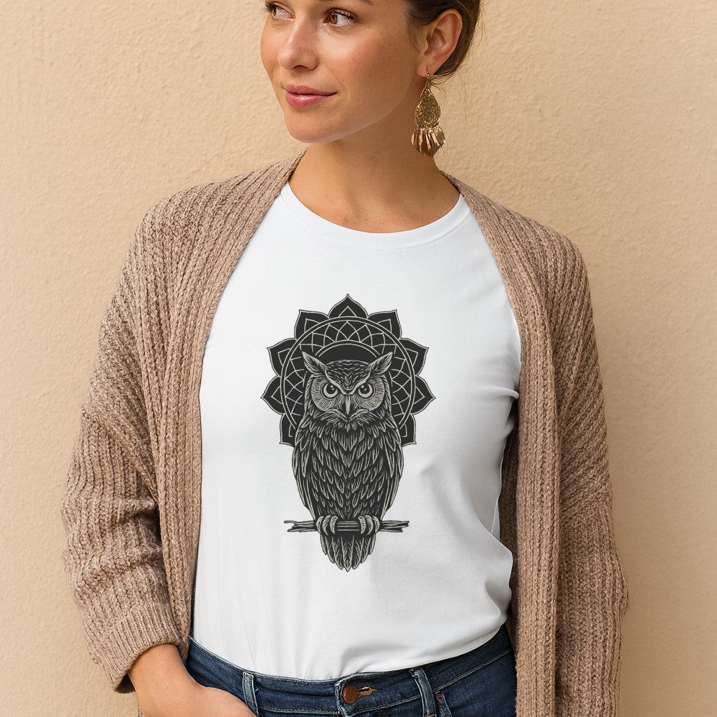 Boho Mandala Owl Tee – Mystic Line Art T-Shirt, Witchy Bohemian Top, Spiritual Owl Graphic Shirt Printify