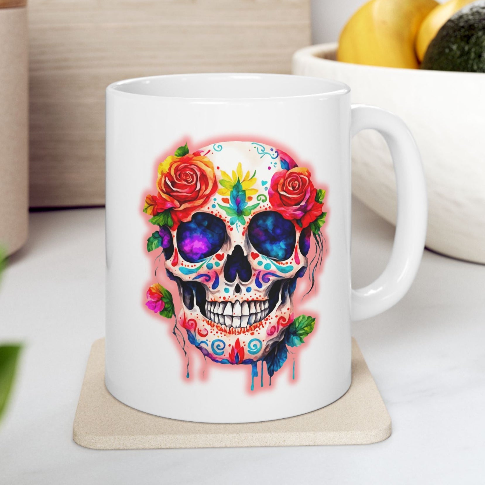 a vibrantly coloured calavera in the day of the dead style on a white ceramic mug