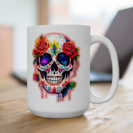 a vibrantly coloyred skul in the day of the dead style on a white 15 oz mug