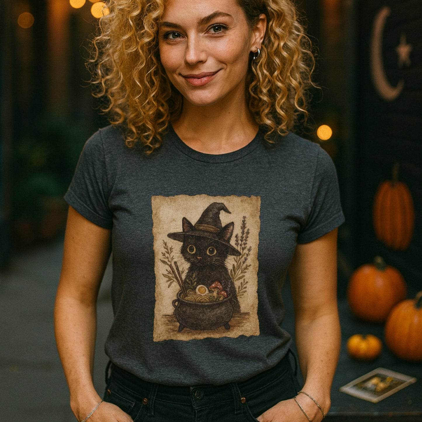 Witchy Ramen Noodle Black Cat Tee Printify