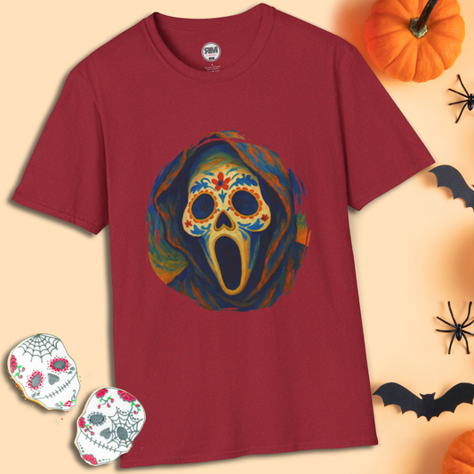 Sugar skull meets ghost face on antique cherry red Gildan 64000 tee – bold spooky unisex horror shirt