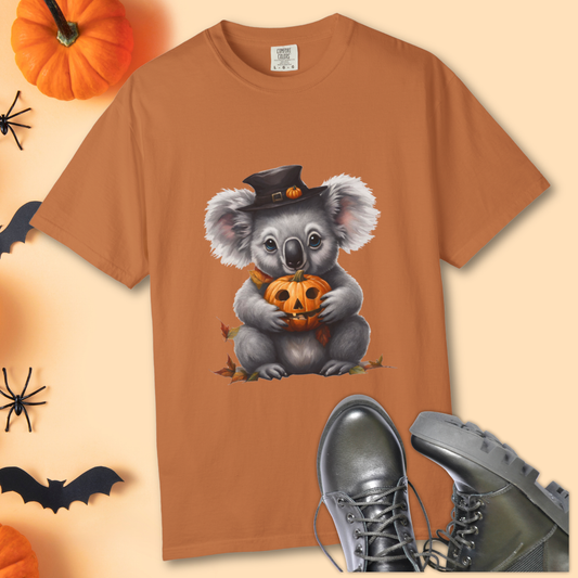 Flat lay of Halloween Koala graphic tee – unisex Comfort Colors shirt with spooky koala print