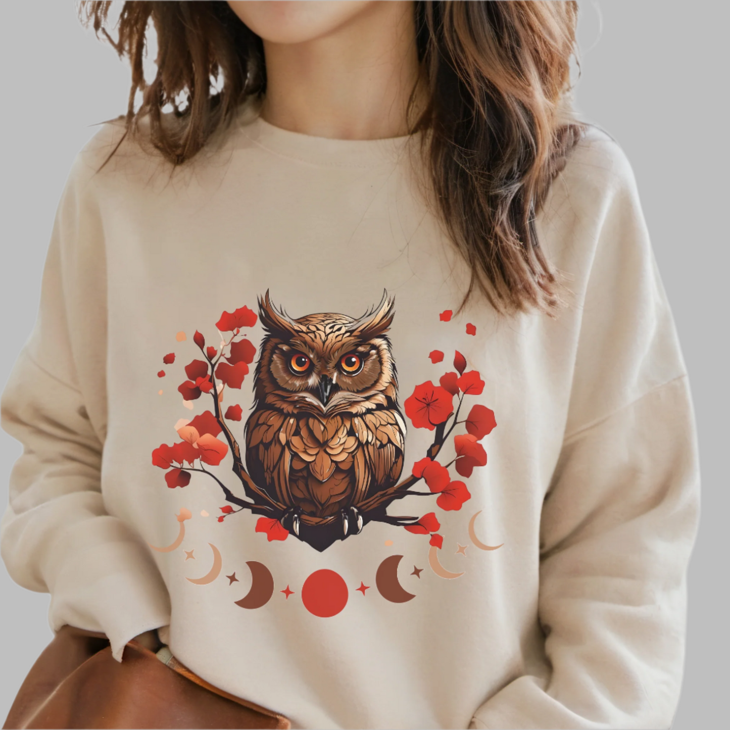 Moon Phase Owl Japanese Cherry Blossom Sweatshirt, Nature Spirit Unisex Pullover