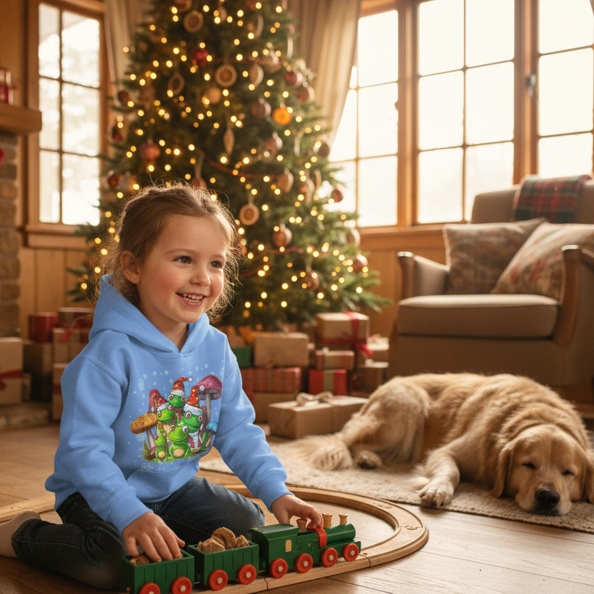 Kids Christmas Frog Hoodie - Tree Scene