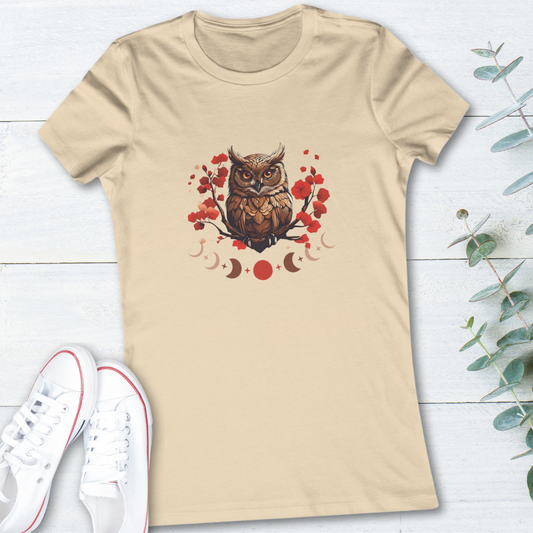 Owl Cherry Blossom Womens T Shirt, Nature Spirit Floral Tee