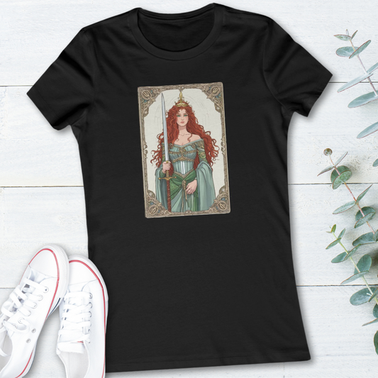 Queen of Swords Tarot T Shirt in Scarlet, Clarity and Strength Tee