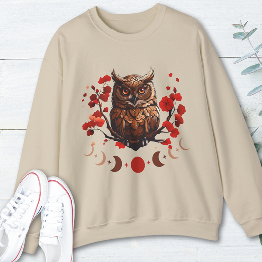 Moon Phase Owl Japanese Cherry Blossom Sweatshirt, Nature Spirit Unisex Pullover