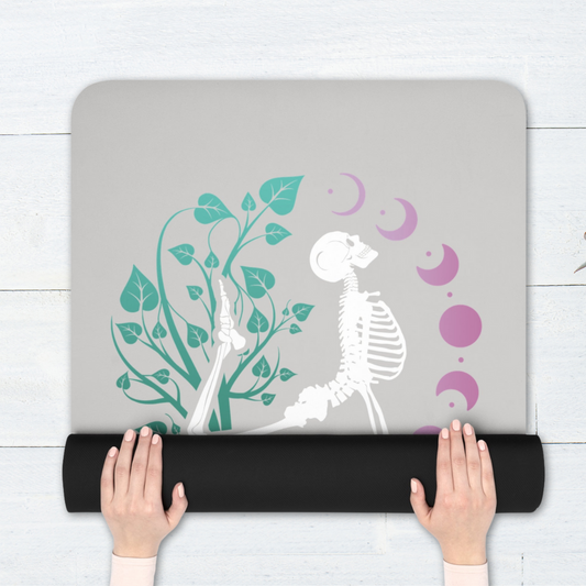 Skeleton In Yoga Pose Yoga Mat - Moon Phase Spiritual Rubber Mat 24x70