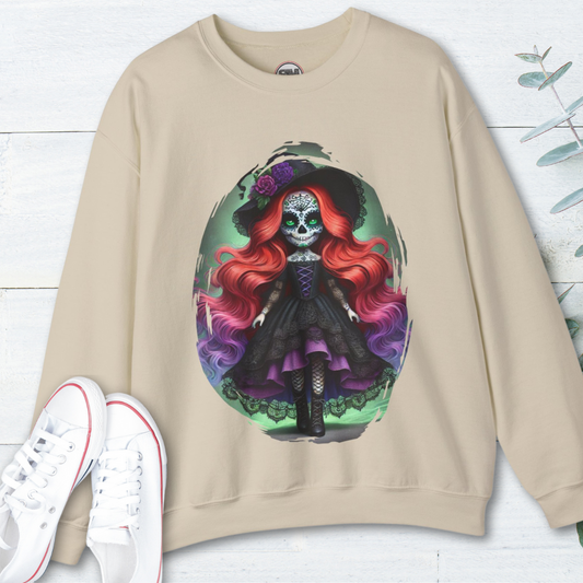 Calavera Witch Doll Sugar Skull Sweatshirt – Gothic Día de los Muertos Pullover