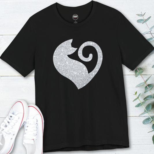 Cat Heart Silver Glitter Look Tee