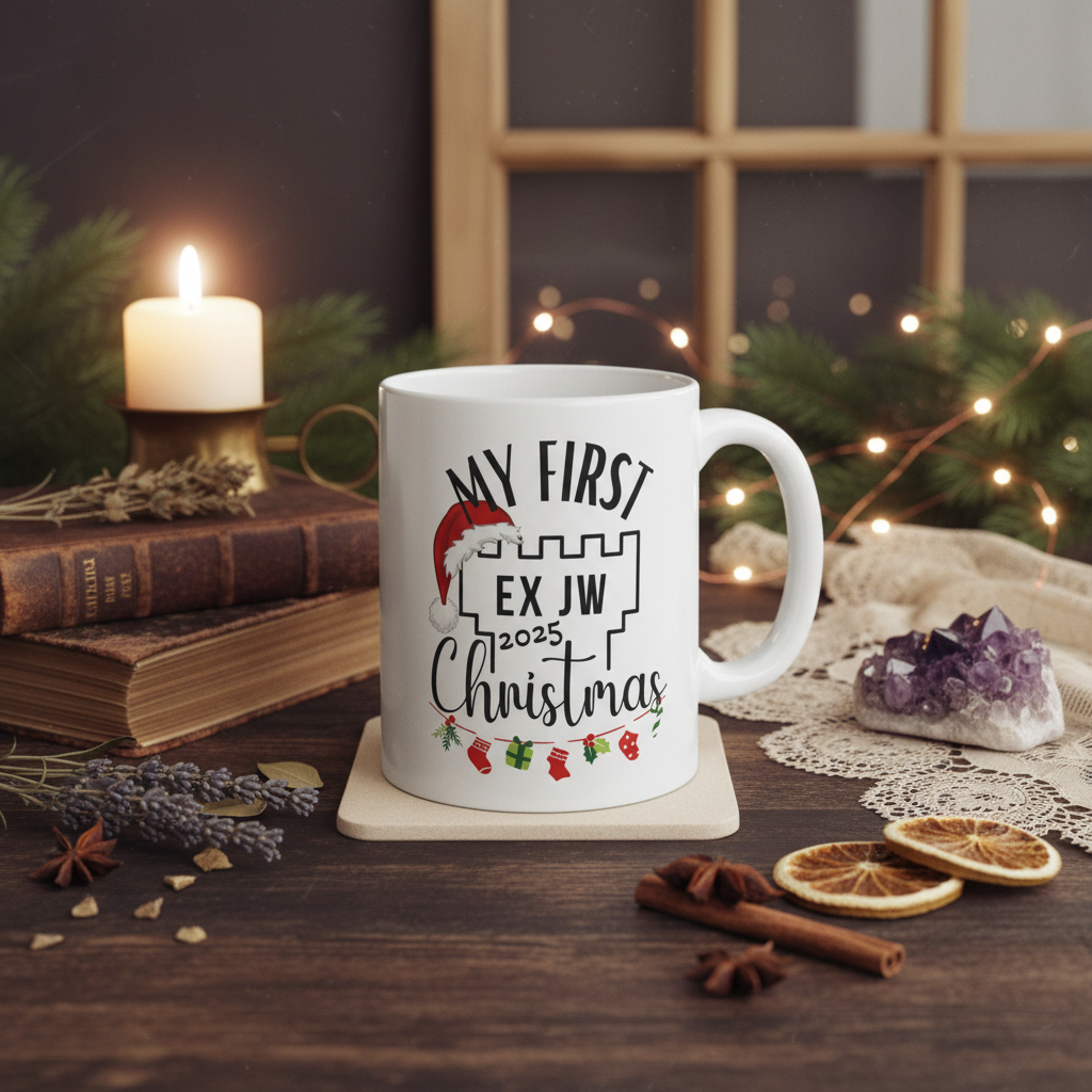 My First Ex JW Christmas Mug in cottagecore witchy setting