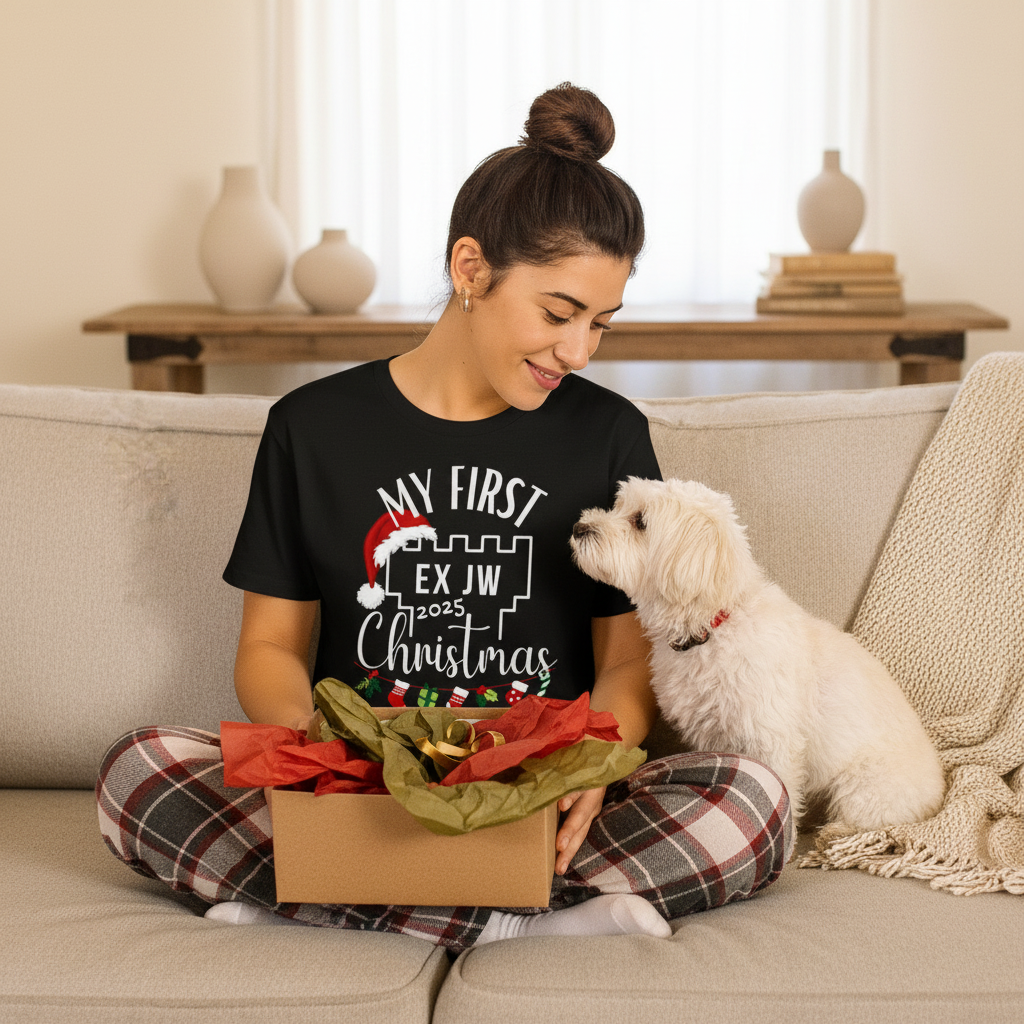 My First Ex JW Christmas T-shirt, First Christmas Free, Cult Survivor Gift Printify