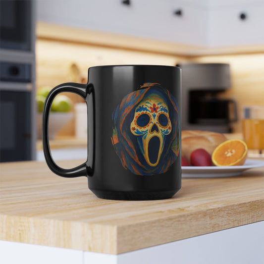 Spooky sugar skull horrorcore coffee mug in black