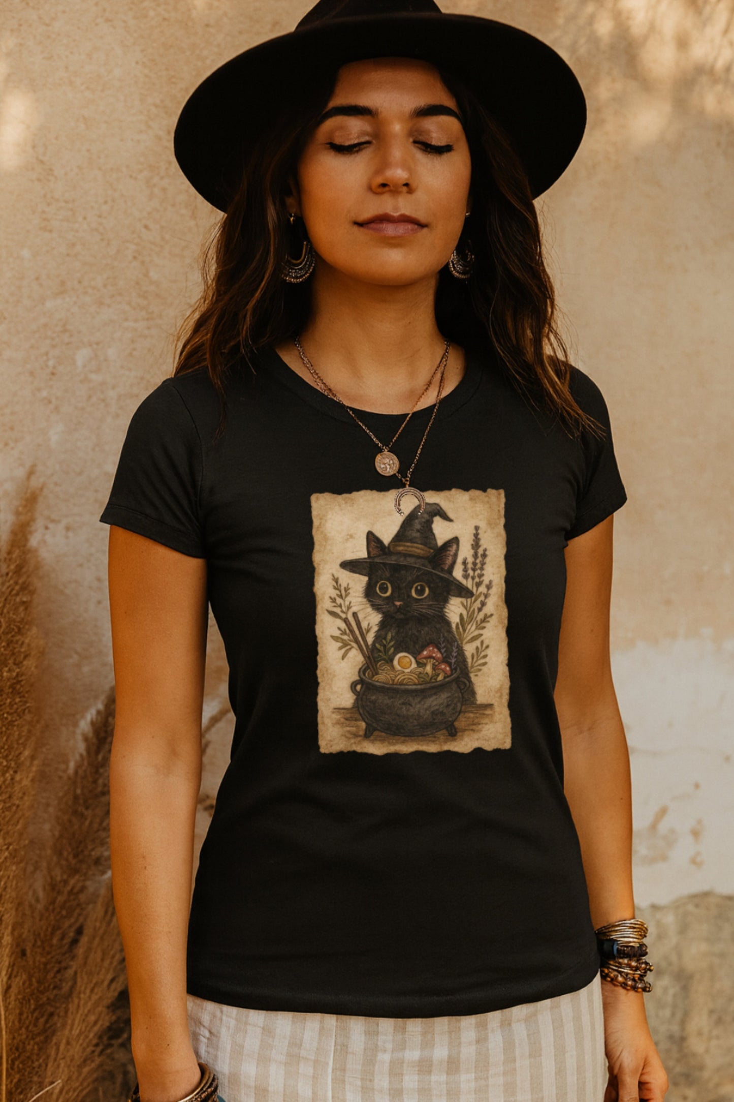 Witchy Ramen Noodle Black Cat Tee Printify