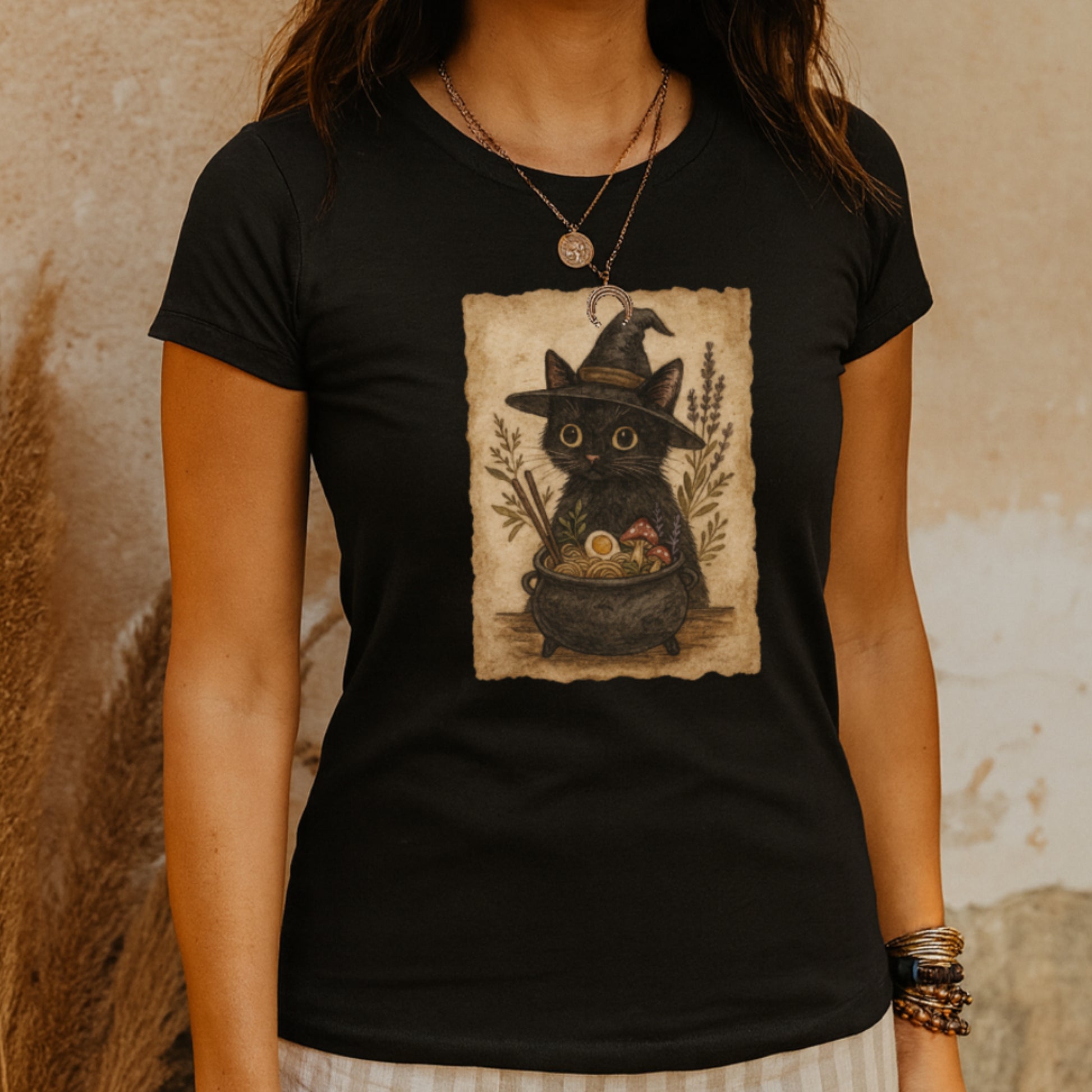 Witchy Ramen Noodle Black Cat Tee Printify