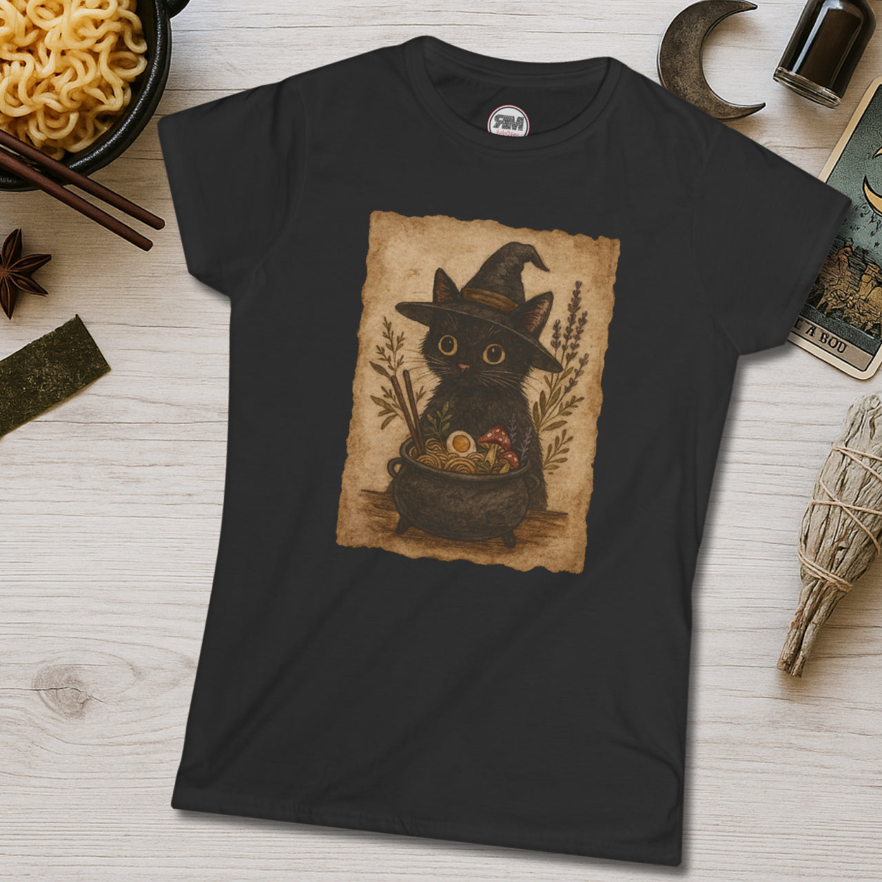 Witchy Ramen Noodle Black Cat Tee Printify