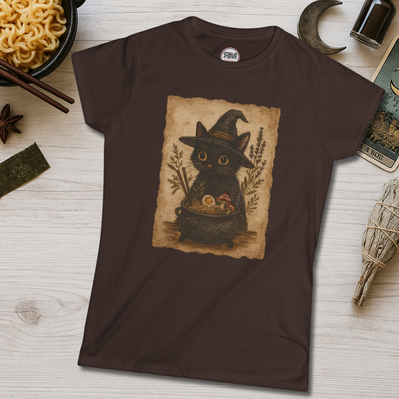 Witchy Ramen Noodle Black Cat Tee Printify