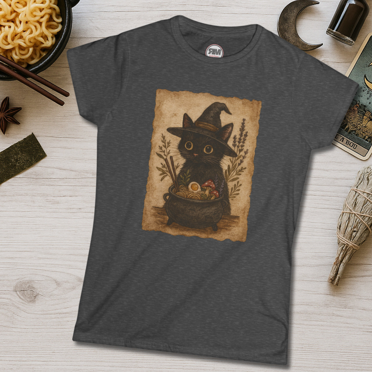 Witchy Ramen Noodle Black Cat Tee Printify