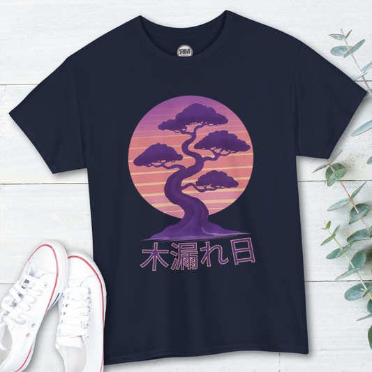 a neon purple bonsai tree on a retro sun in matching hues with the japanese word komorebi graphic tee